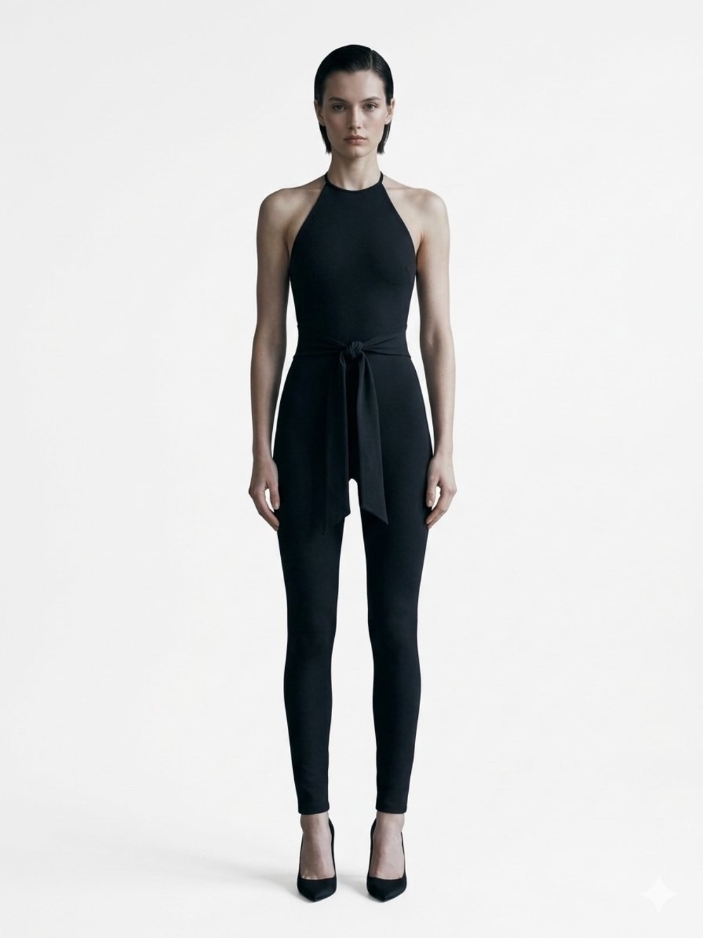 Sleek Black Halter Tie-Neck Jumpsuit